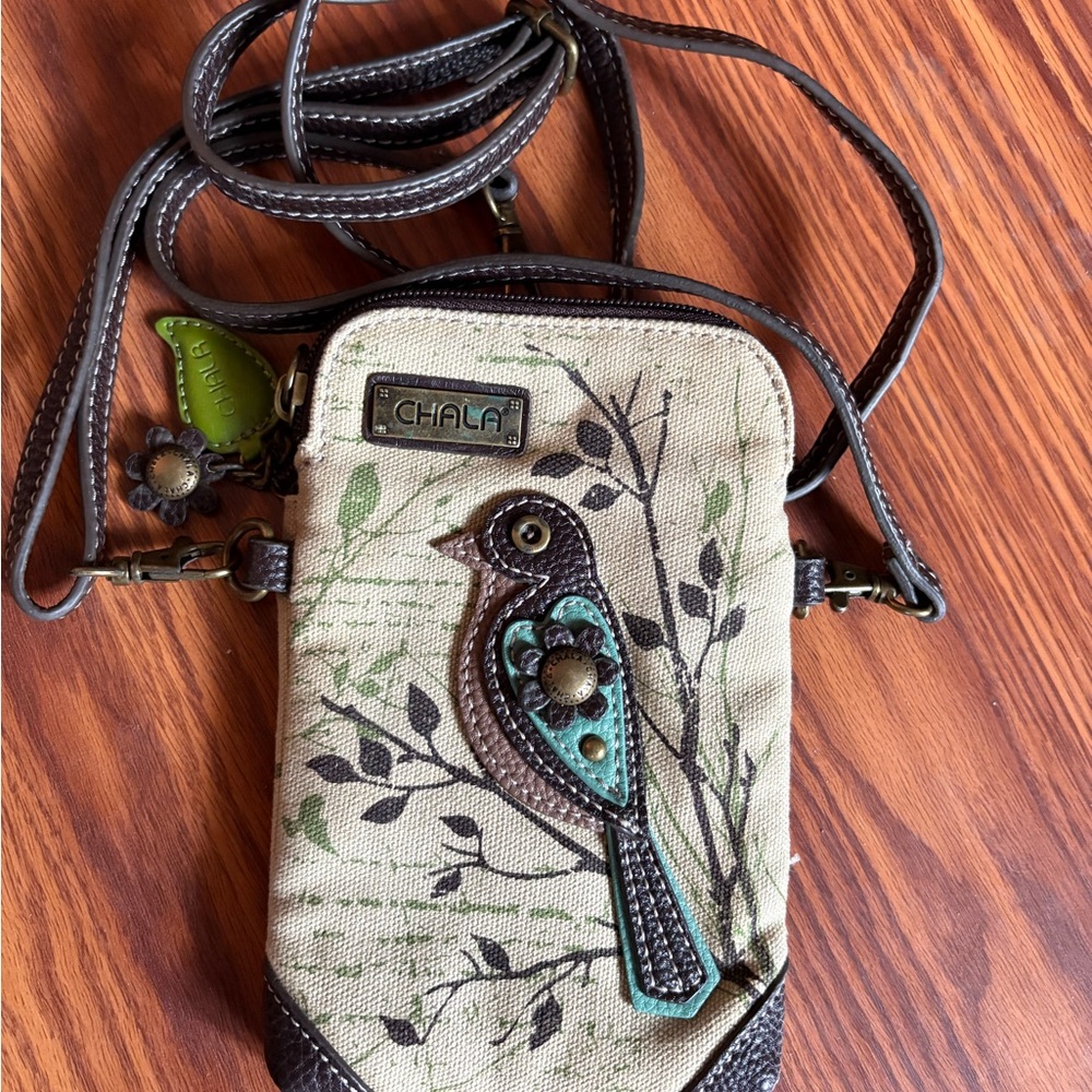 Chala Bird Design Phone Crossbody - Brown and Teal